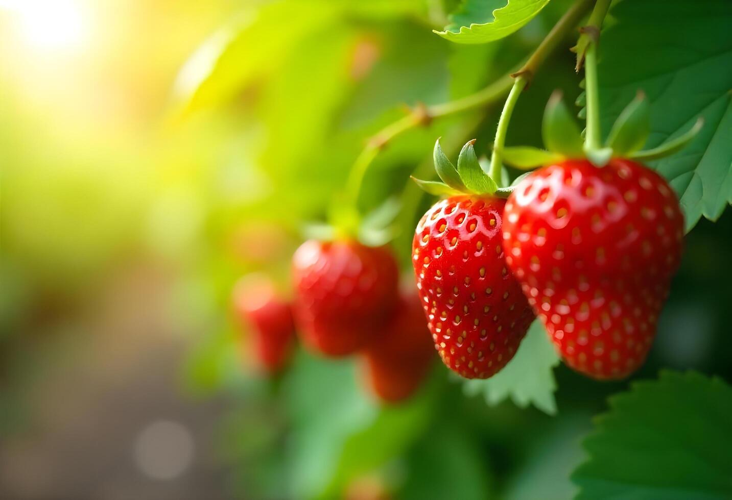 Ripe red strawberries hanging from green leafy plants, with a soft background and sunny garden photo