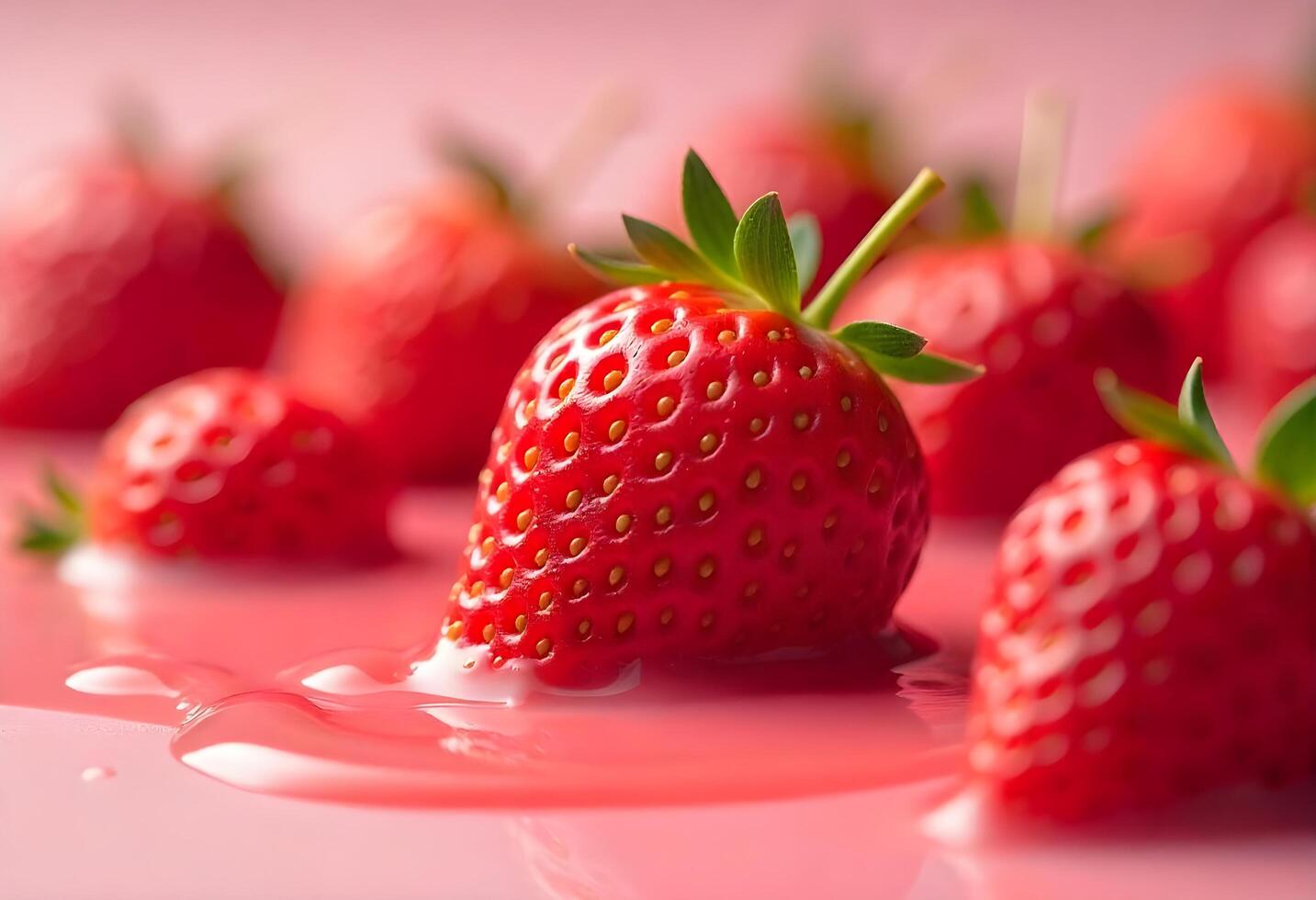 Fresh strawberry juice splash swirl with strawberry on droplets background. photo
