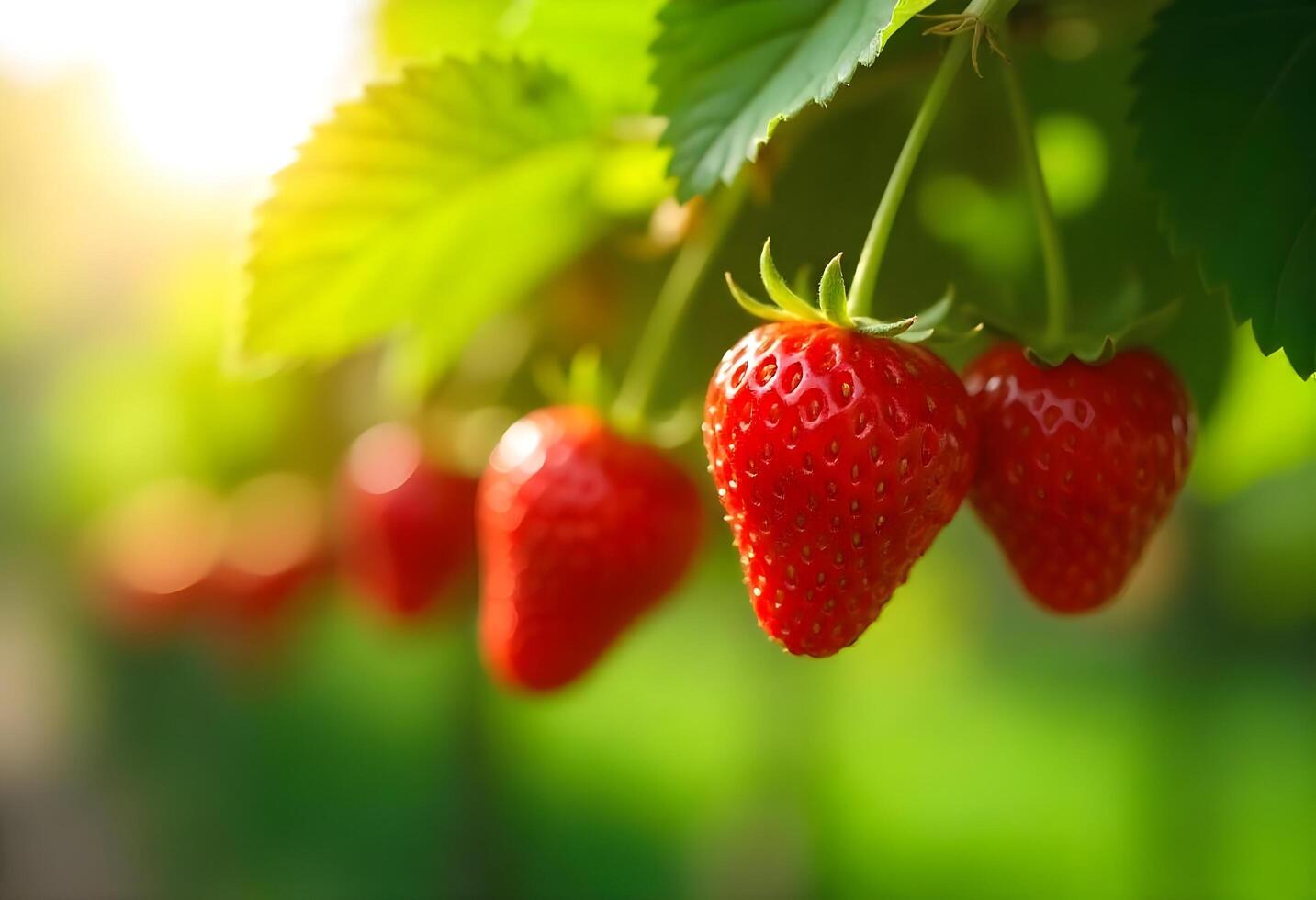 Ripe red strawberries hanging from green leafy plants, with a blurred background photo