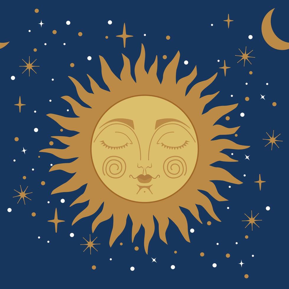Seamless pattern with sun and crescent moon, vintage background for astrology and tarot. on blue background vector