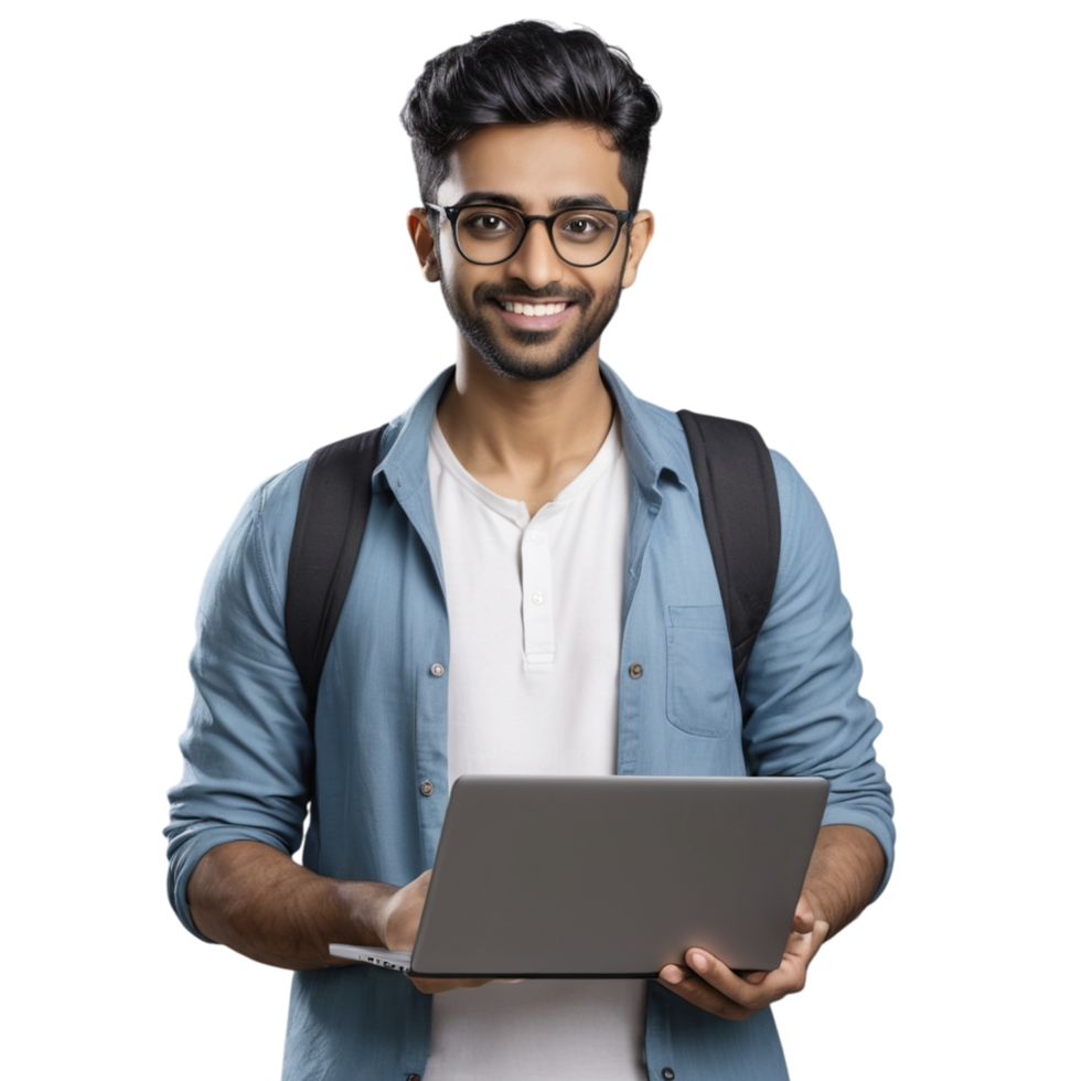 Portrait of a young indian man with laptop on black background png