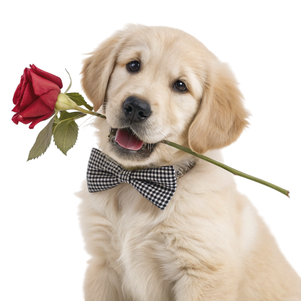 cute puppy with bow tie holding red heart shaped balloon for a loving gesture png