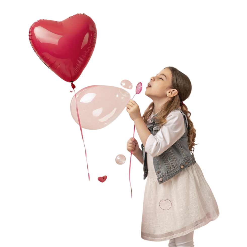 girl blowing bubble with heart shaped balloon for a playful and romantic vibe png