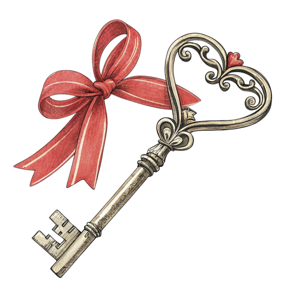 A key with a red ribbon and a heart png
