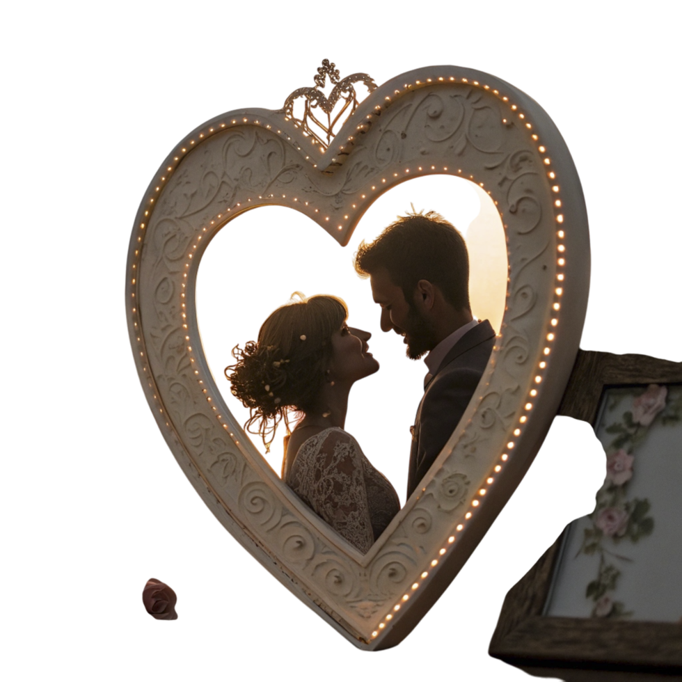 A couple is reflected in a heart shaped mirror png