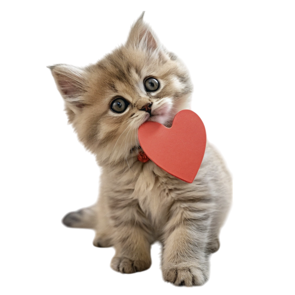 A kitten holding a red heart shaped paper png