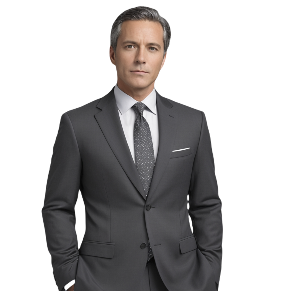 A man in a gray suit and tie png