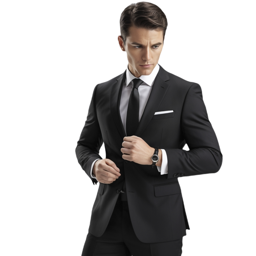 A man in a black suit and tie png