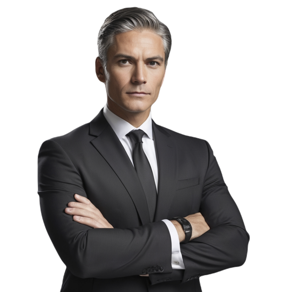 A man in a suit and tie standing with his arms crossed png