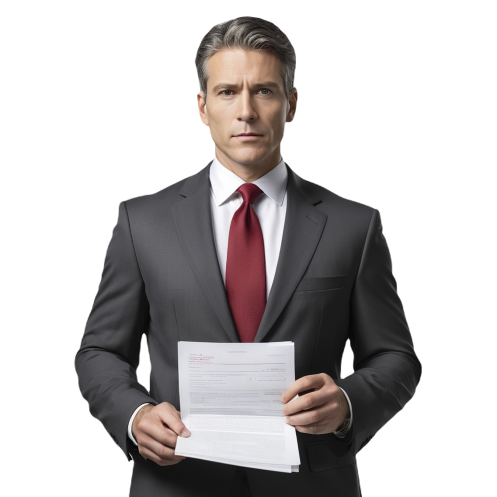 A man in a suit holding a piece of paper png