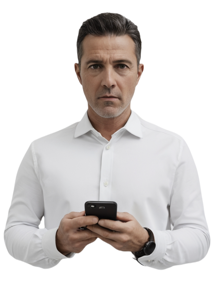 A man in a white shirt holding a cell phone png
