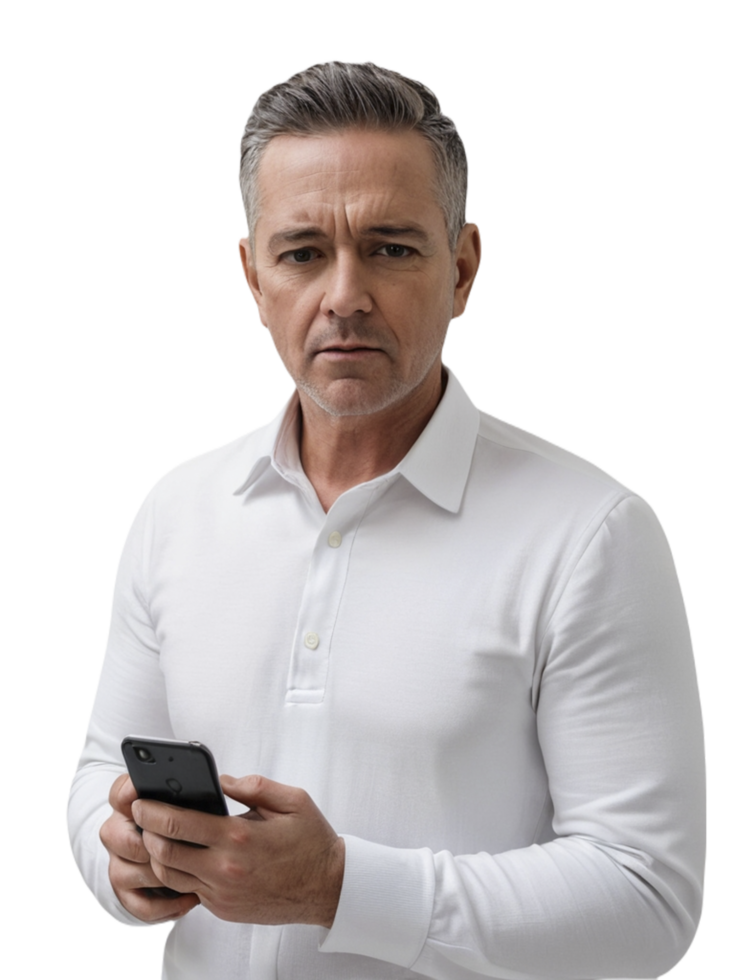Man in white shirt holding cell phone png