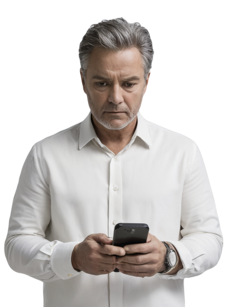 Man in white shirt looking at his phone png