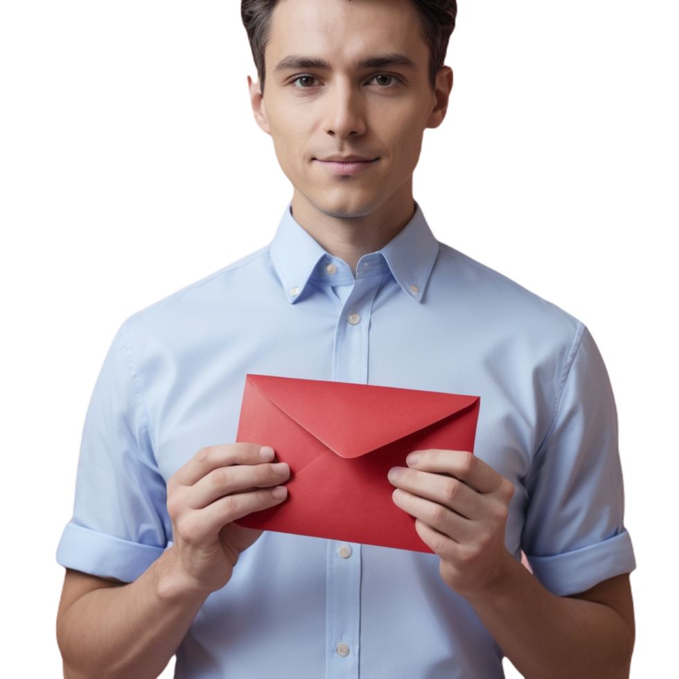 A man in a blue shirt holding an envelope png