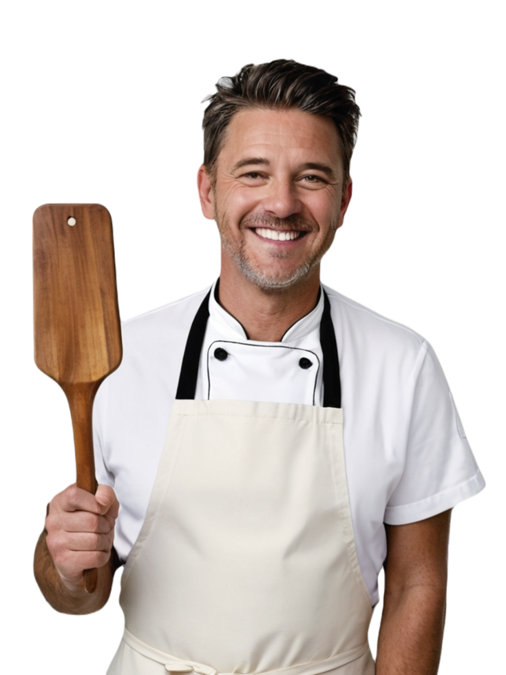 A man in a chef's apron holding a wooden spoon png