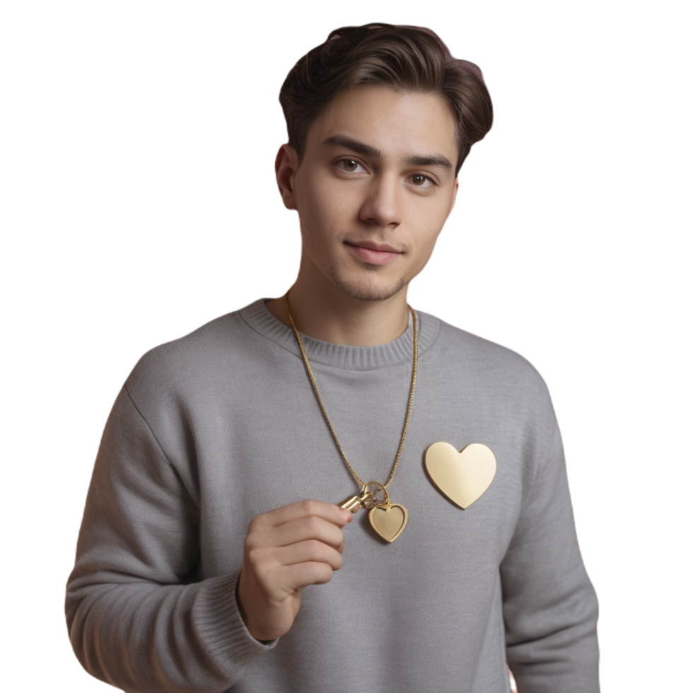 A man holding a gold heart pendant png