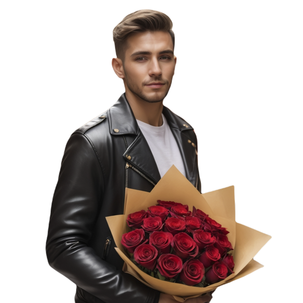 Man in leather jacket holding red roses png