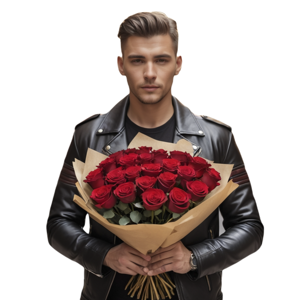 A man in leather jacket holding a bunch of red roses png