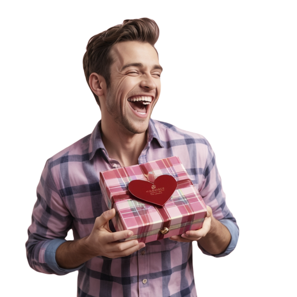 A man holding a heart shaped box with a smile on his face png