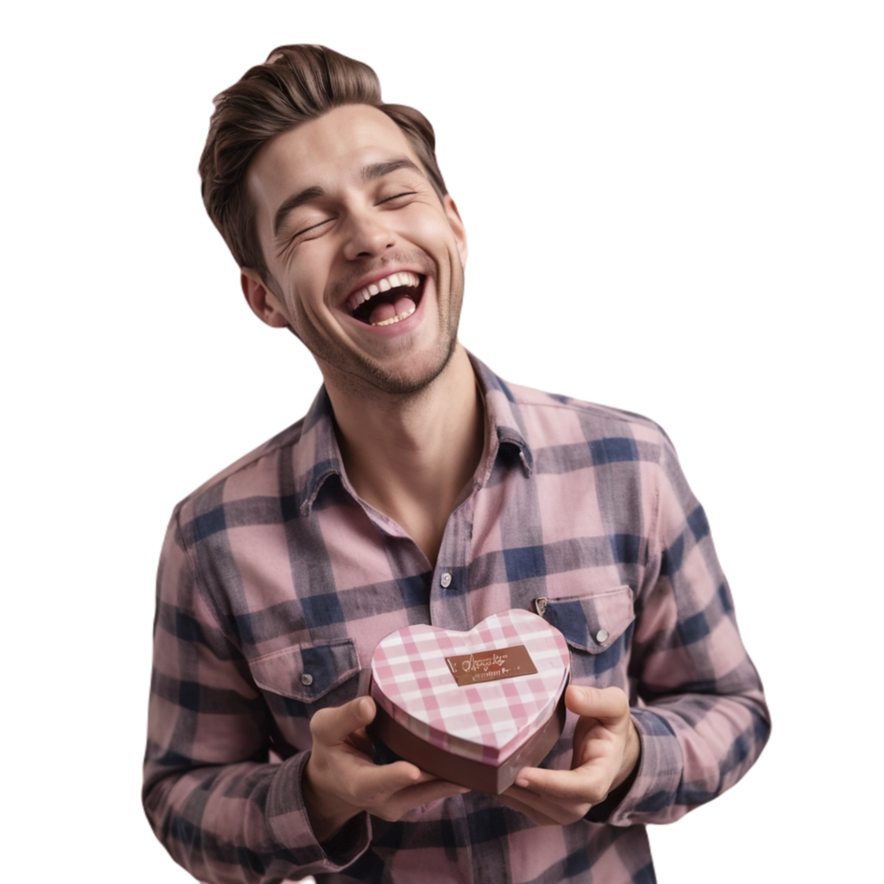 A man is laughing while holding a heart shaped box png