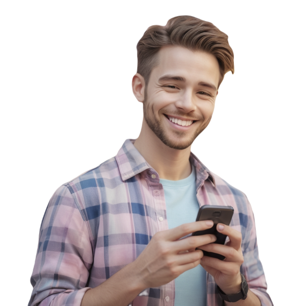 A man smiling while holding a cell phone png