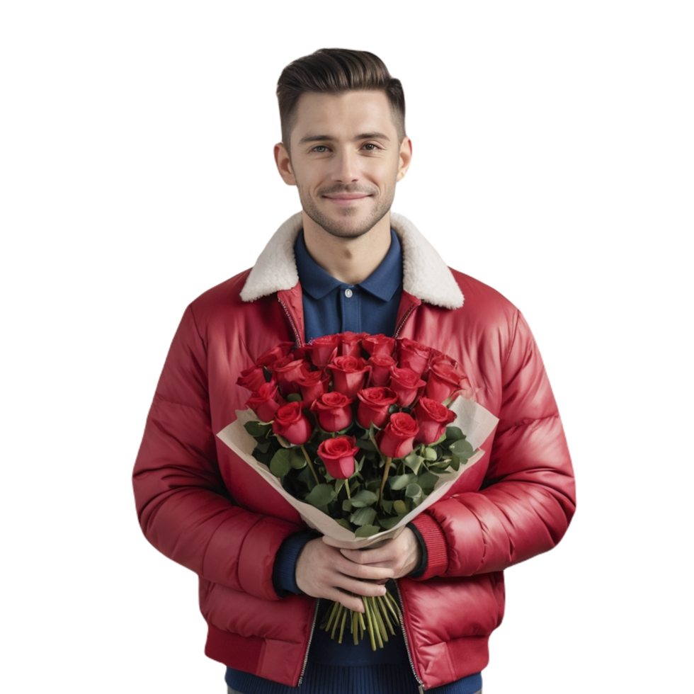 A man in a red jacket holding a bunch of roses png