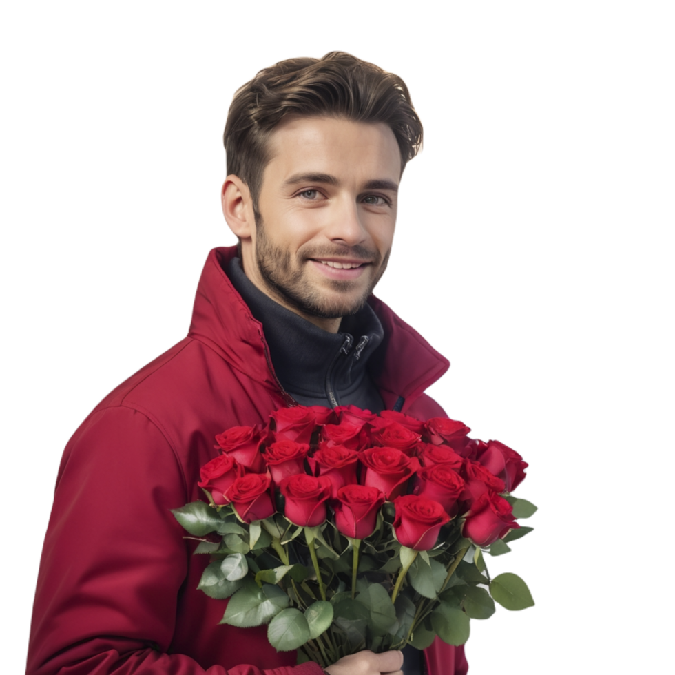 A man in a red jacket holding a bunch of red roses png