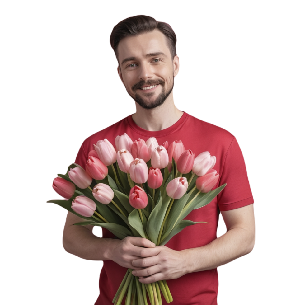 A man holding a bouquet of pink tulips png