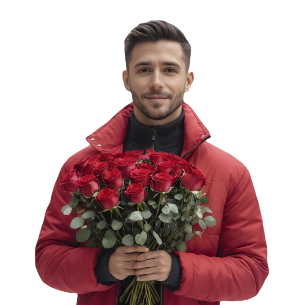 A man in a red jacket holding a bouquet of roses png