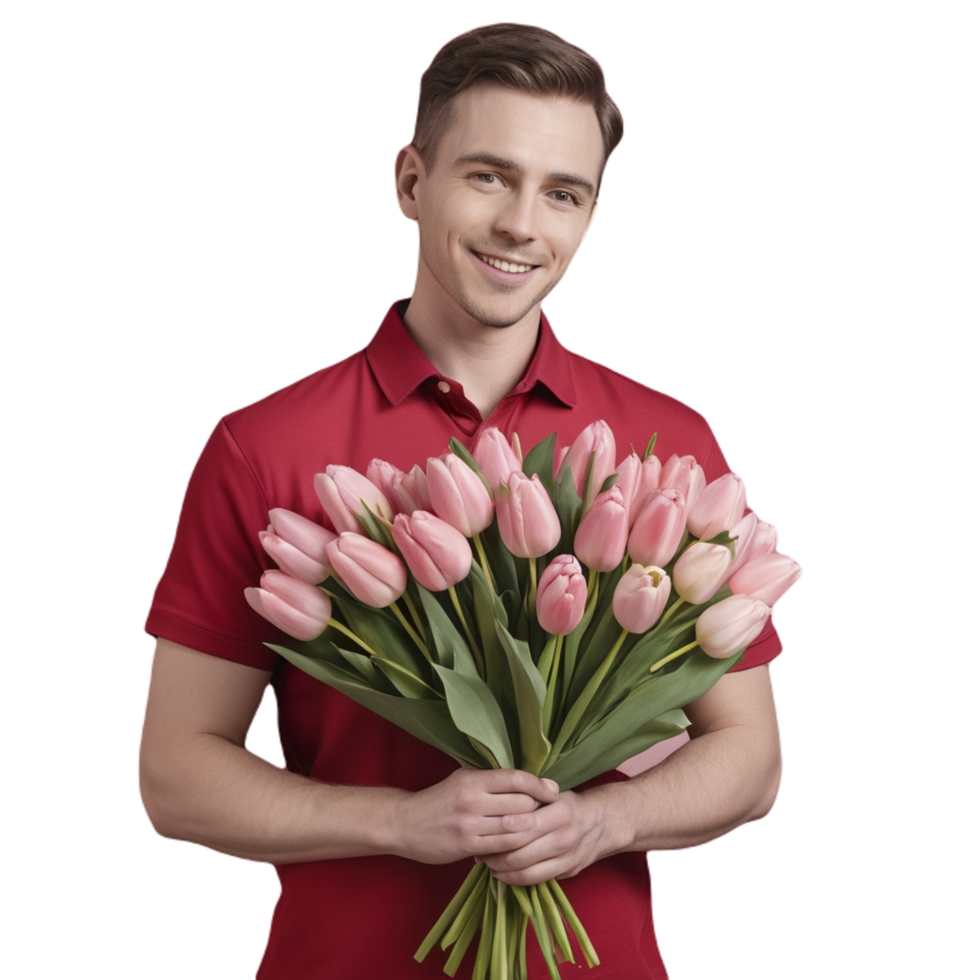 A man holding a bouquet of pink tulips png