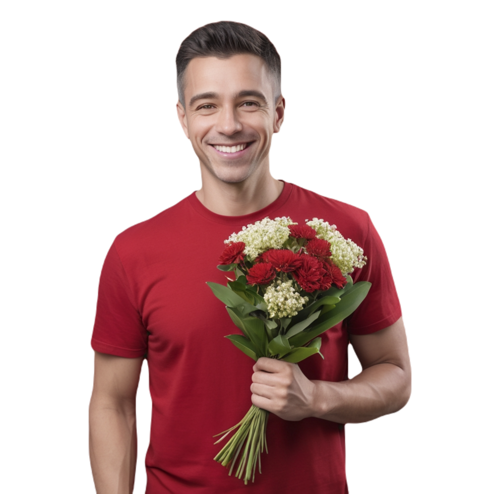 A man in a red shirt holding a bouquet of flowers png