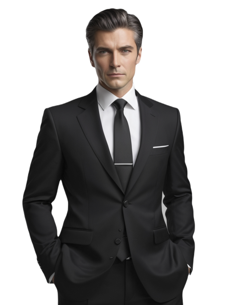 A man in a black suit and tie png