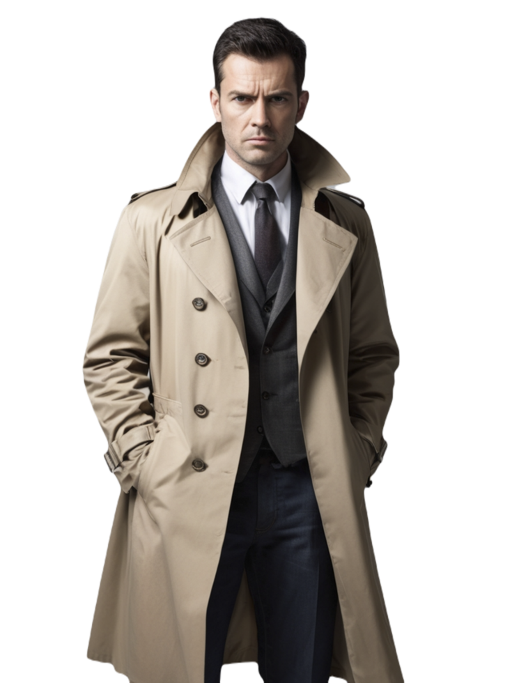 Man in trench coat and tie standing png