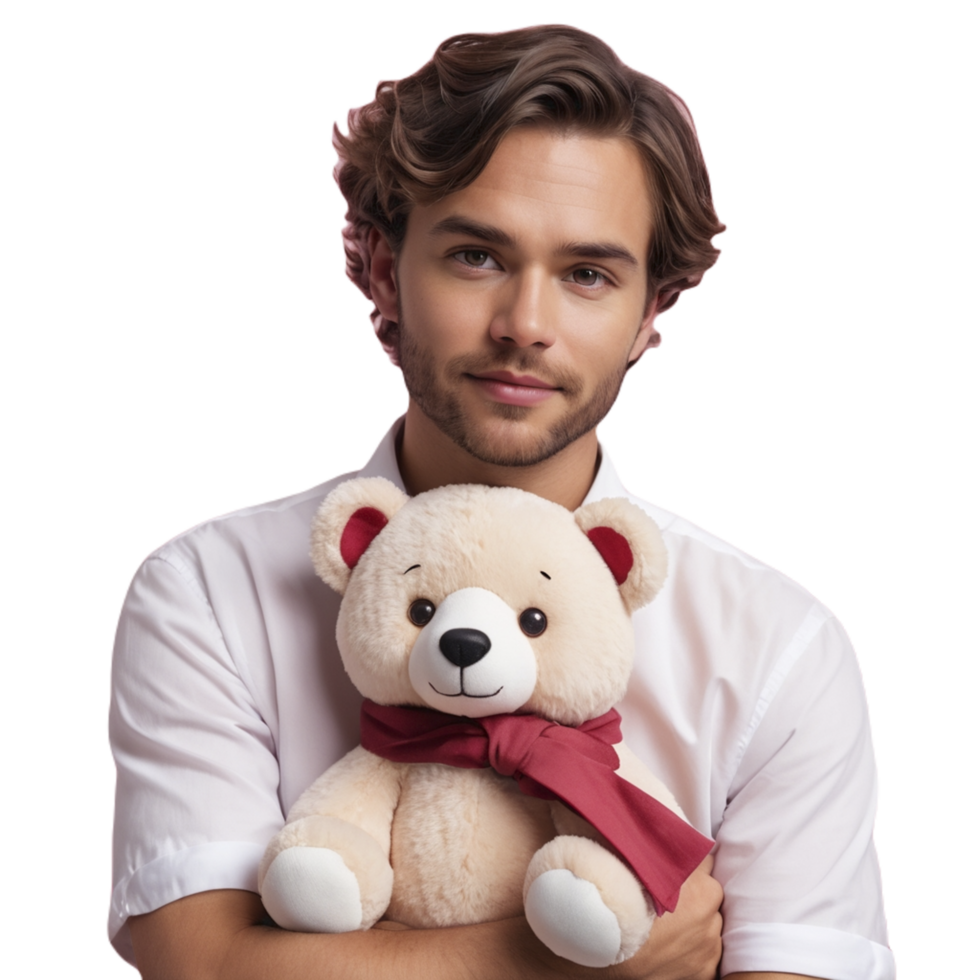 A man holding a teddy bear with a red bow png