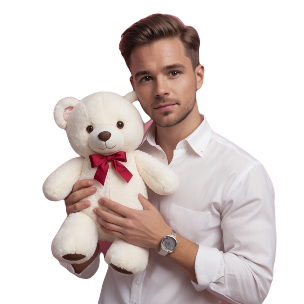 A man holding a white teddy bear with a red bow png