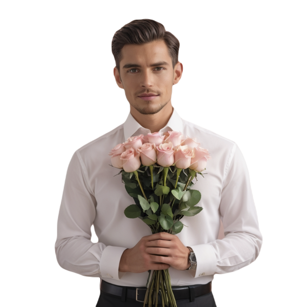 A man holding a bouquet of pink roses png