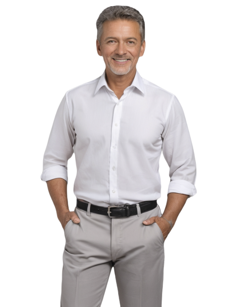 A man in a white shirt and grey pants png