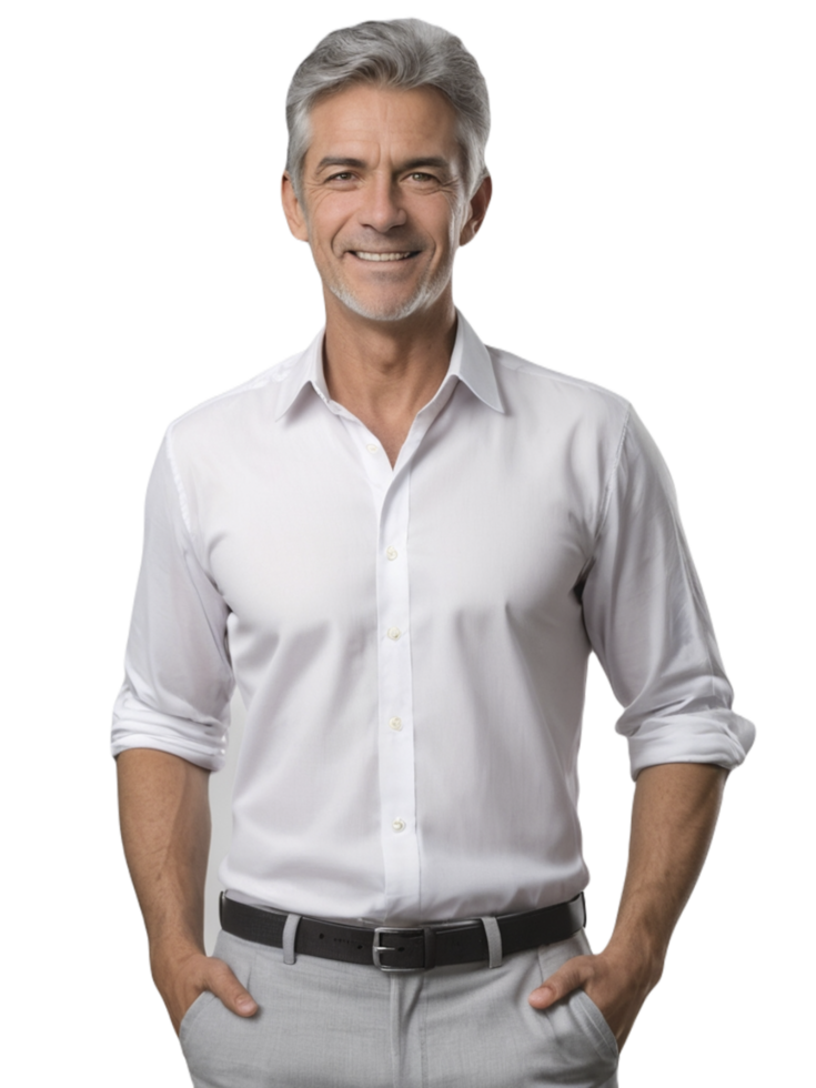 A man in a white shirt and grey pants png