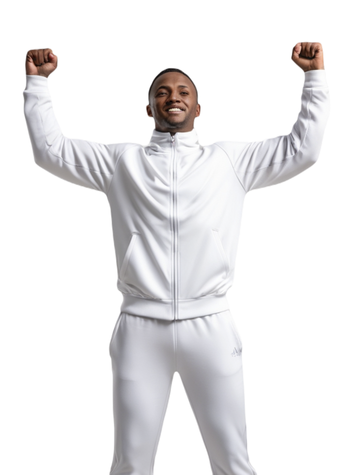 A man in white tracksuit with his arms up png