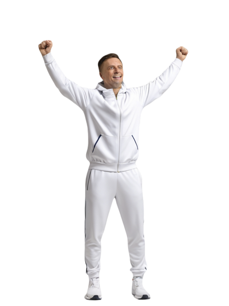 A man in a white tracksuit with his arms up png