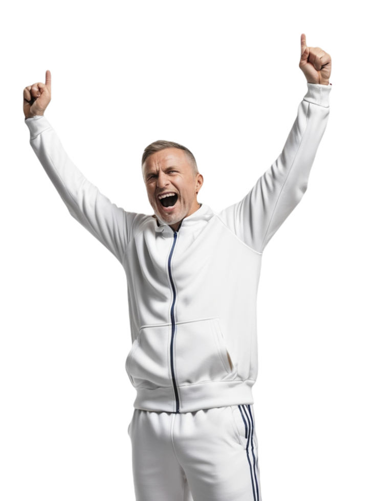 A man in a white tracksuit and white sneakers is raising his arms png