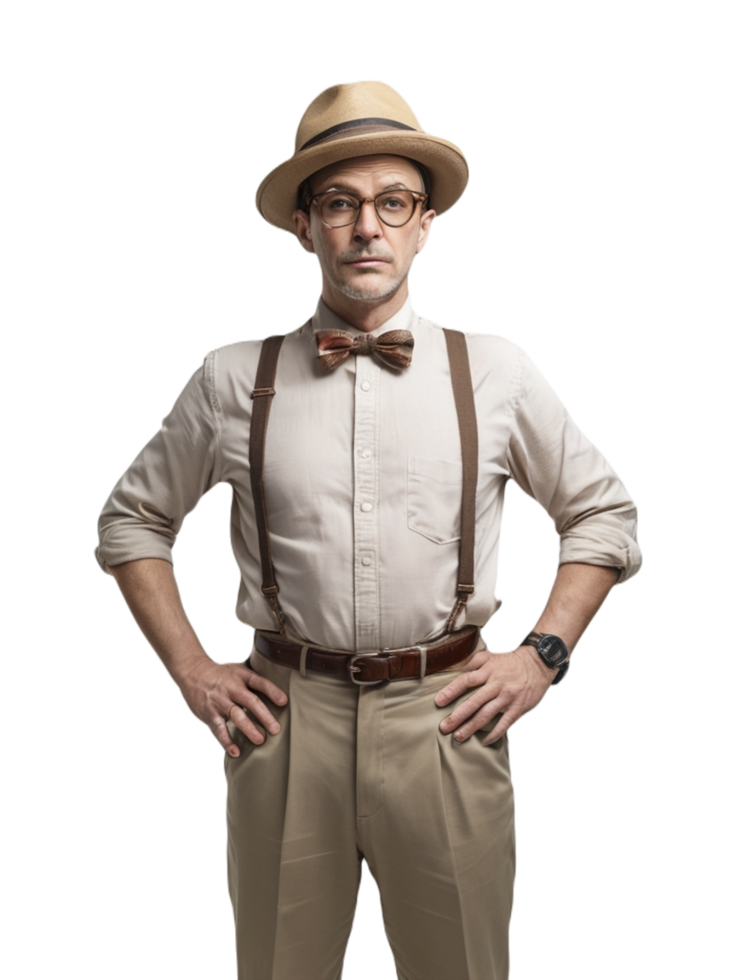 A man in a hat and suspenders standing with his hands on his hips png