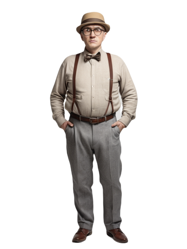 A man in a hat and suspenders standing png