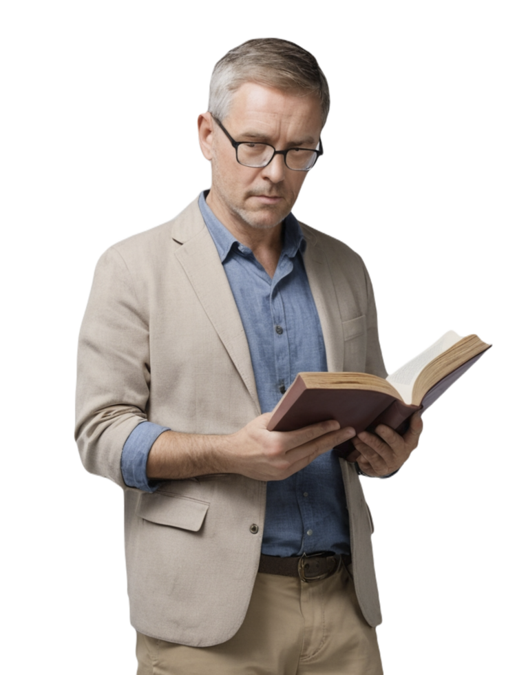 A man in glasses is reading a book png