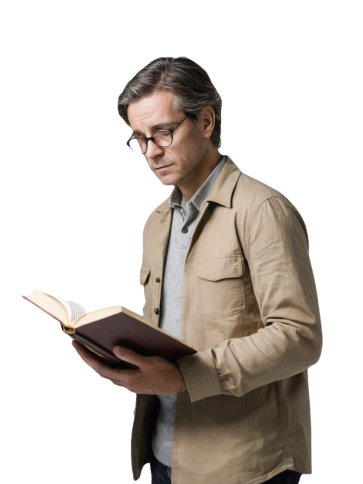 A man in glasses is holding an open book png