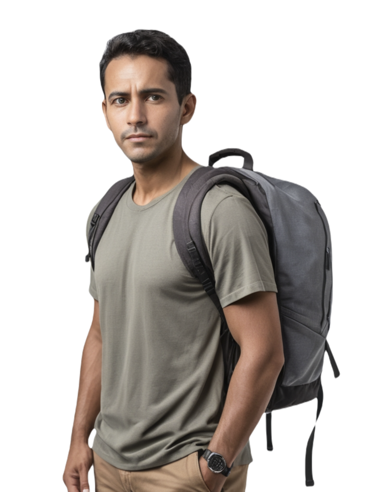 Man with backpack standing against black background png