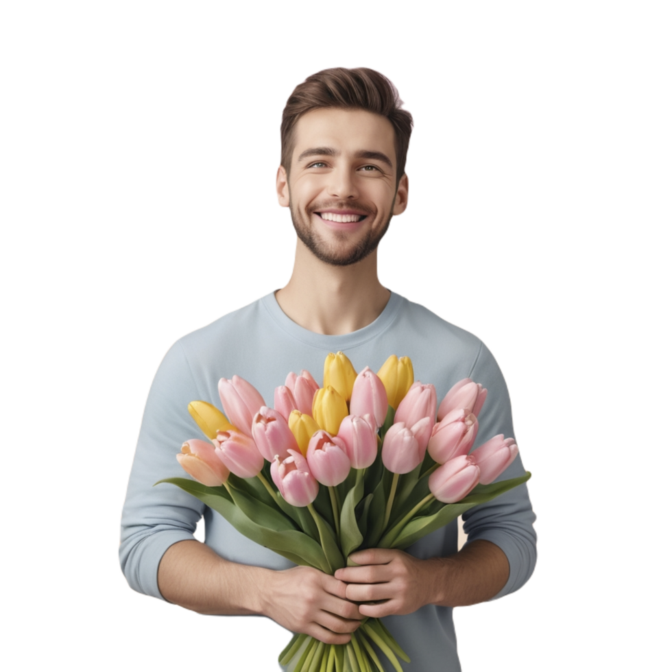 A man holding a bouquet of tulips png