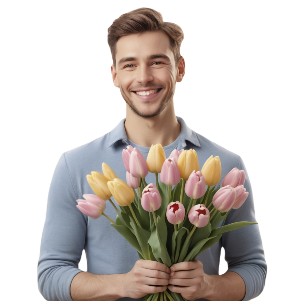 A man holding a bouquet of tulips png