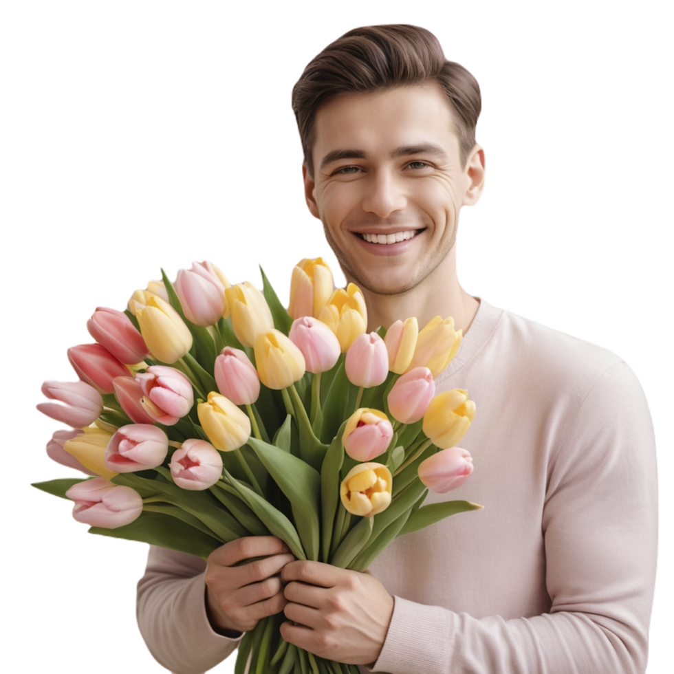 A man holding a bouquet of tulips png