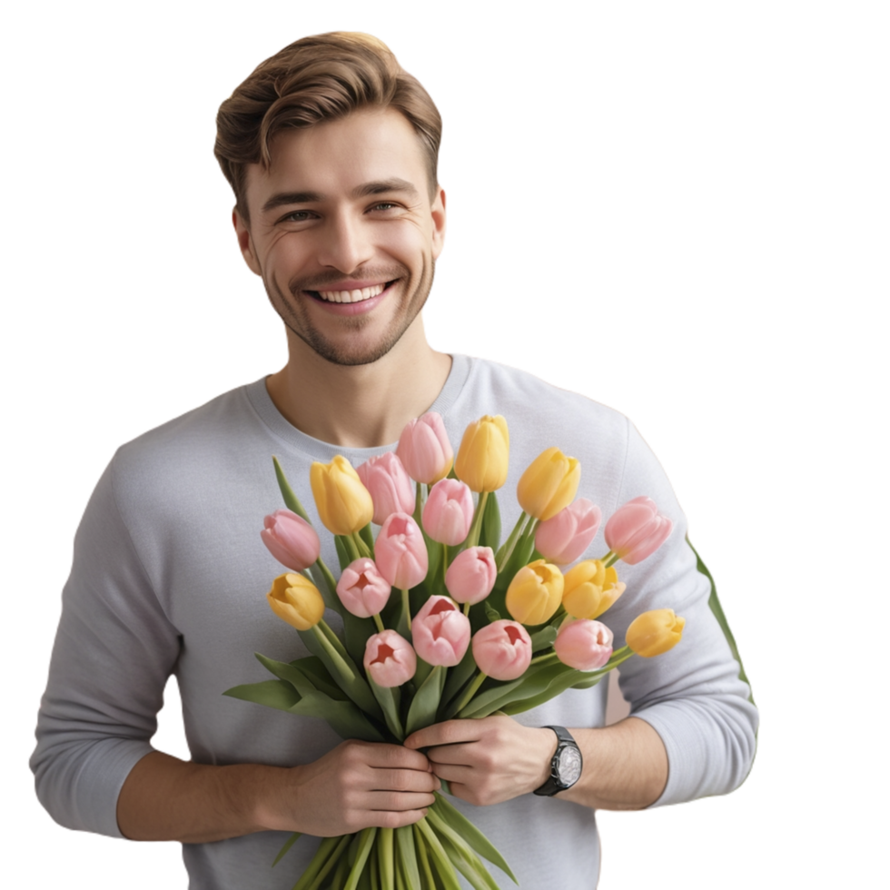A man holding a bouquet of tulips png